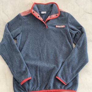 Womens Columbia PFG Blue fleece pullover with Red Gingham accents